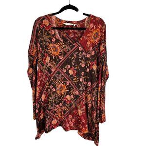 Soft Surroundings Floral Ribbed Top L Red Cottage Earthy Boho Indie Folk Chic